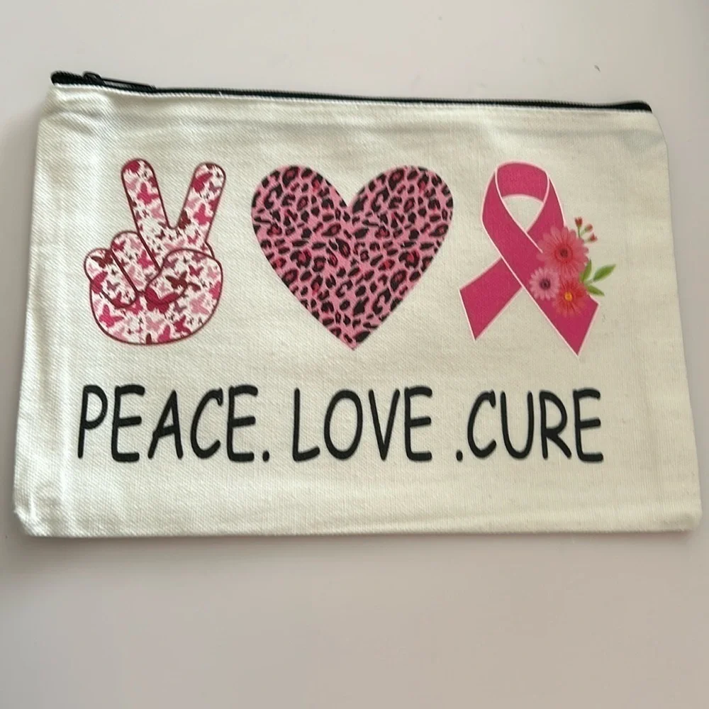 Breast Cancer Awareness Canvas Makeup Bag PEACE. LOVE. CURE / NEW